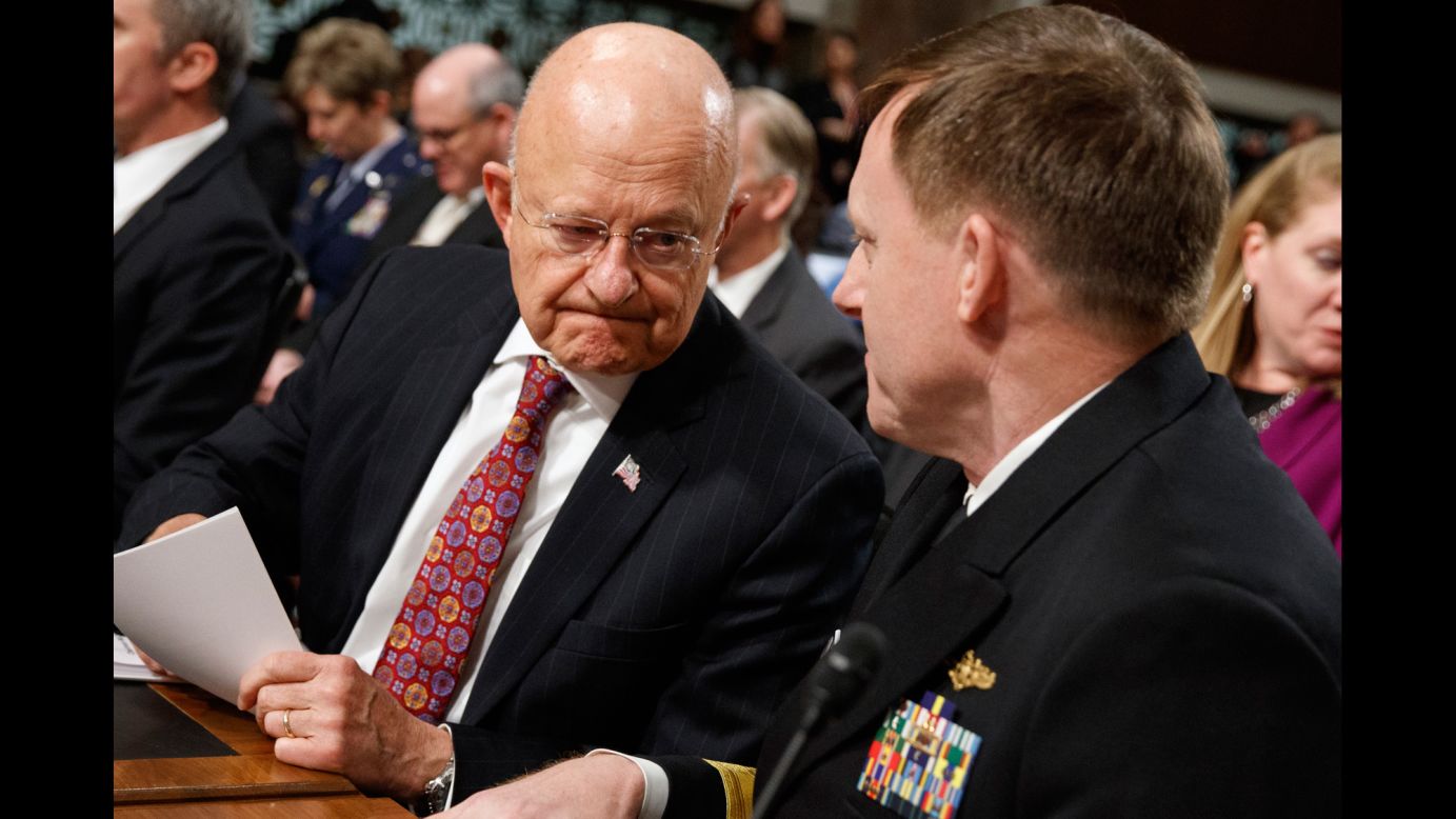 Director of National Intelligence James Clapper, left, talks with Navy Adm. Michael Rogers, director of the National Security Agency, before testifying before the Senate Armed Services Committee on Thursday, January 5. <a href="http://www.cnn.com/2017/01/05/politics/russian-hacking-hearing-senate-republicans/" target="_blank">A hearing on global cyberthreats</a> focused almost exclusively on Moscow's alleged hacking during the presidential election.