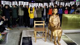 Protesters and a statue of a girl symbolising Korean "comfort women"  in front of the Japanese consulate-general in Busan, South Korea, on December 31, 2016.