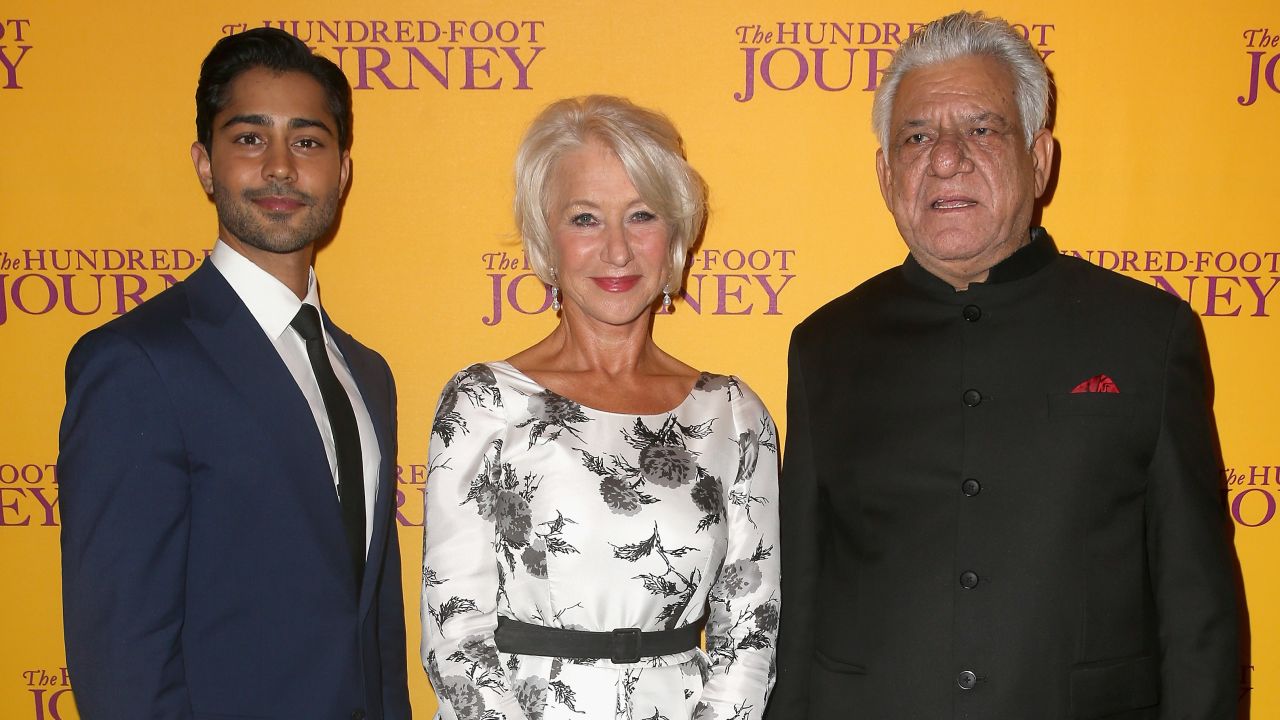 Om Puri, right, at a UK screening of "The Hundred-Foot Journey" with Helen Mirren and Manish Dayal.