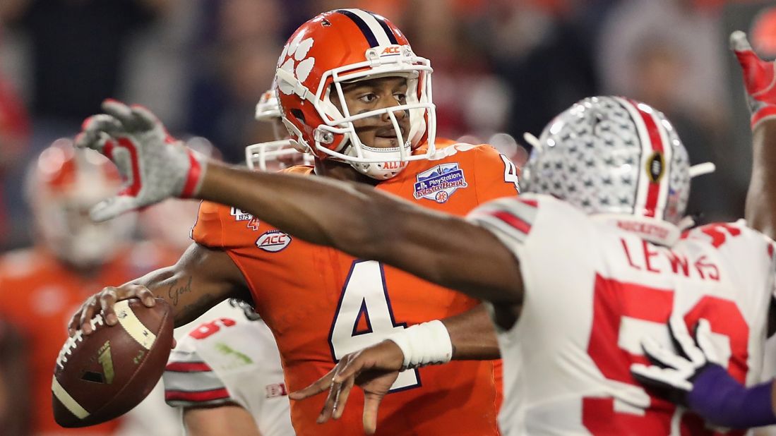 Clemson shut out Ohio State 31-0 in the PlayStation Fiesta Bowl in Glendale, Arizona, on December 31. Clemson quarterback Deshaun Watson faces pressure from Ohio State defensive end Tyquan Lewis to pass during the game.