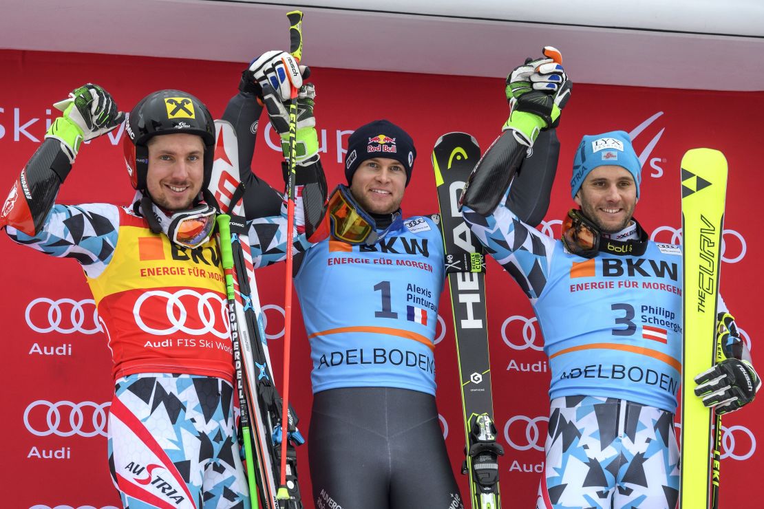 Winner Alexis Pinturault is flanked by Marcel Hirscher (left) and third-placed Philipp Schoerghofer on the Adelboden podium.