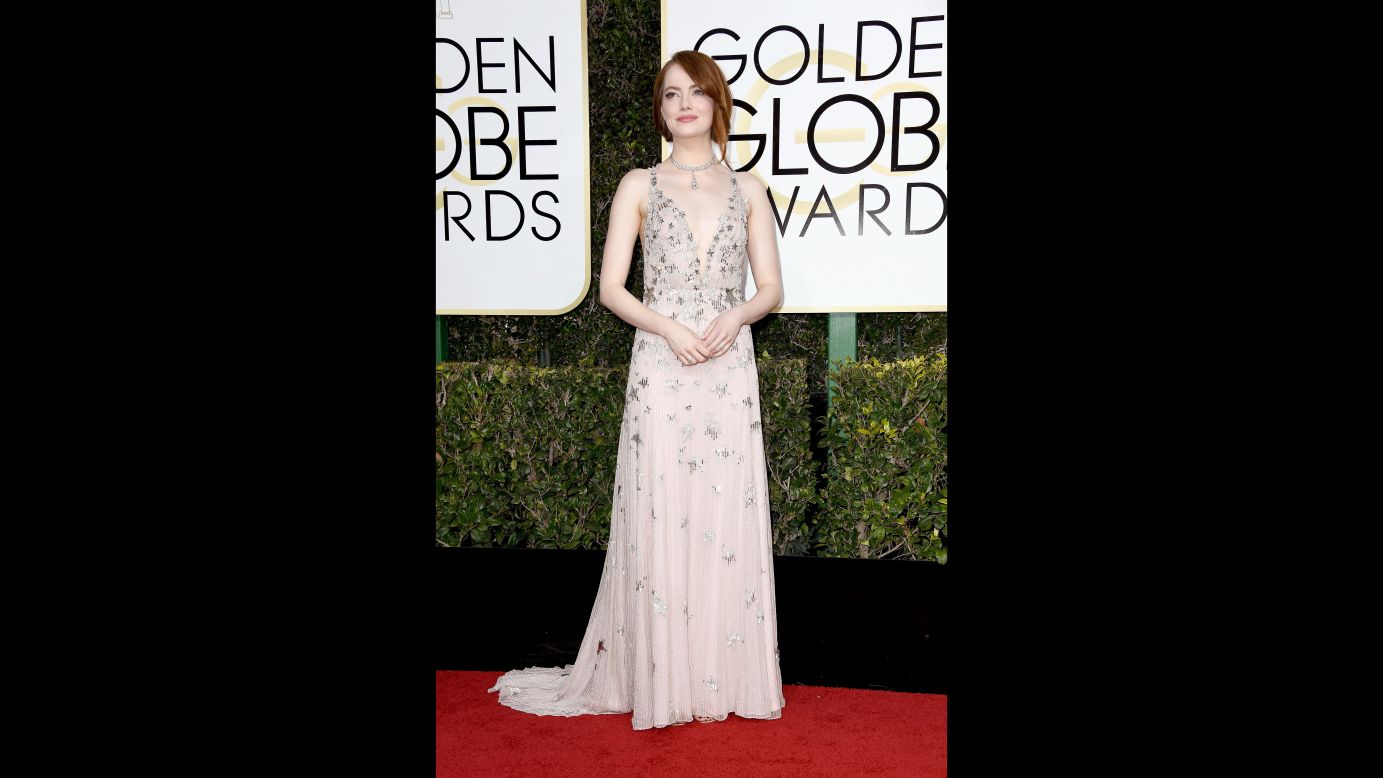 Emma Stone arrives at the Golden Globe Awards on Sunday, January 8.