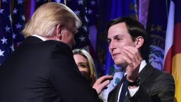 Republican presidential nominee Donald Trump shakes hands with son-in-law Jared Kushner (R) during an election night party at a hotel in New York on November 9, 2016. / AFP / MANDEL NGAN        (Photo credit should read MANDEL NGAN/AFP/Getty Images)