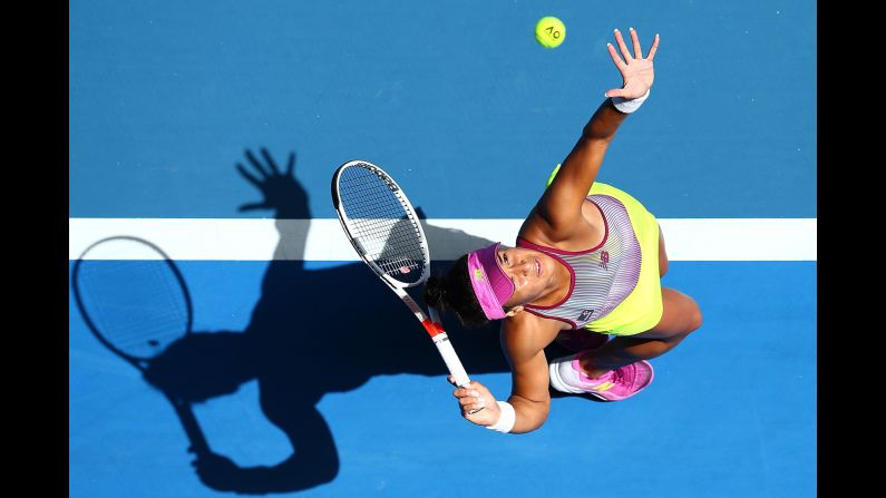 Great Britain's Heather Watson serves during a Hopman Cup match in Perth, Australia, on Friday, January 6.