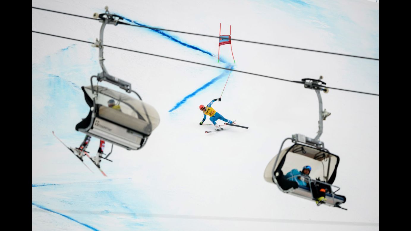 Norway's Leif Kristian Haugen loses his balance during the men's giant slalom race  in Adelboden, Switzerland.