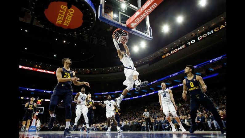 Villanova's Josh Hart dunks the ball during a college basketball game against Marquette on Saturday, January 7. Hart scored 19 points as the top-ranked Wildcats won 93-81.