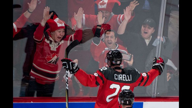 Canada's Anthony Cirelli celebrates a goal during the semifinals of the World Junior Championship on Wednesday, January 4. The Canadians defeated Sweden 5-2.