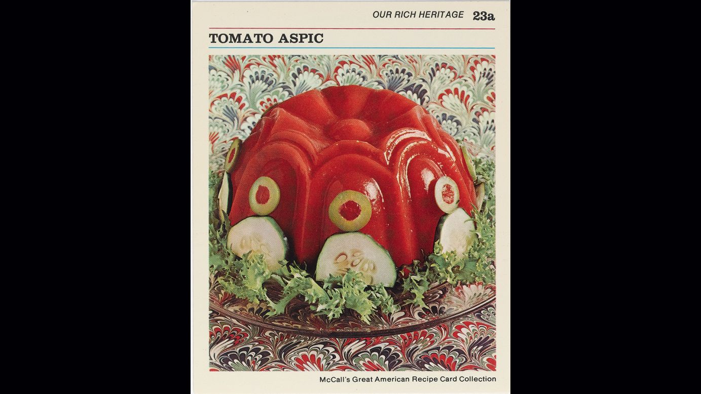 <strong>Tomato Aspic</strong> -- Aspic, a savory jello rarely to be found on modern dinner tables, features heavily, often with meat or vegetables suspended inside it. 