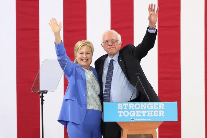 Sanders <a href="index.php?page=&url=http%3A%2F%2Fwww.cnn.com%2F2016%2F07%2F11%2Fpolitics%2Fhillary-clinton-bernie-sanders%2F" target="_blank">endorses</a> Clinton at a rally in Portsmouth, New Hampshire, in July 2016.