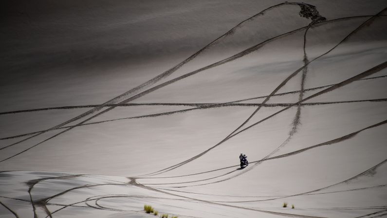 Carlo Vellutino rides a motorcycle during the fourth stage of the Dakar Rally on Thursday, January 5. The stage started in Argentina and ended in Bolivia.