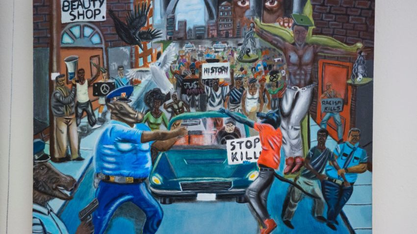 In this Jan. 5, 2017, photo, a painting by David Pulphus hangs in a hallway displaying paintings by high school students selected by their member of congress on Capitol Hill in Washington.