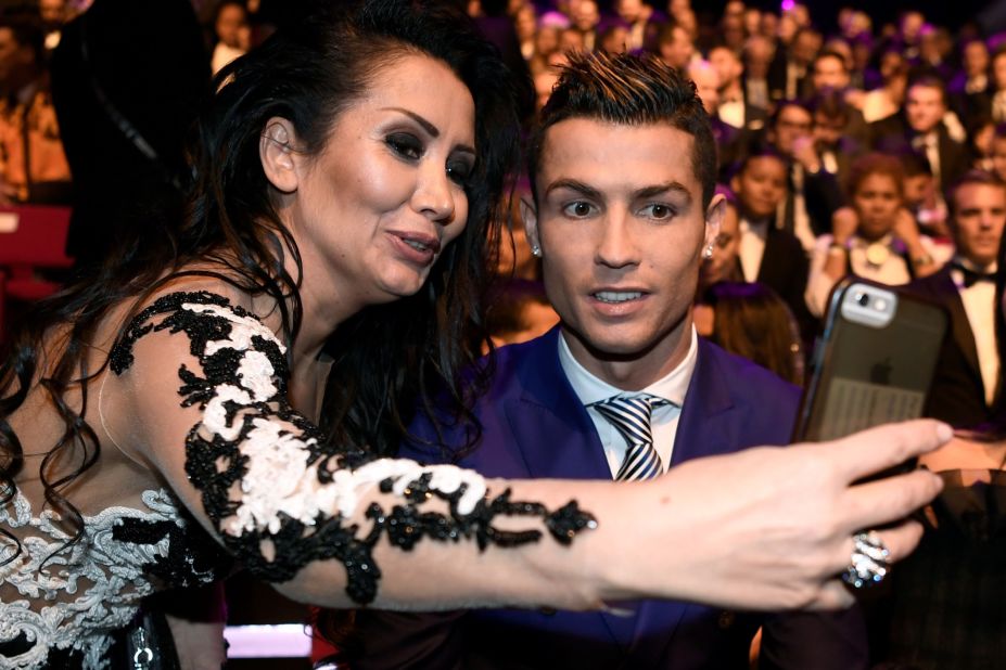 Ronaldo, here posing for a selfie prior to the awards, was one of the last people to arrive at the ceremony in Zurich, Switzerland. 