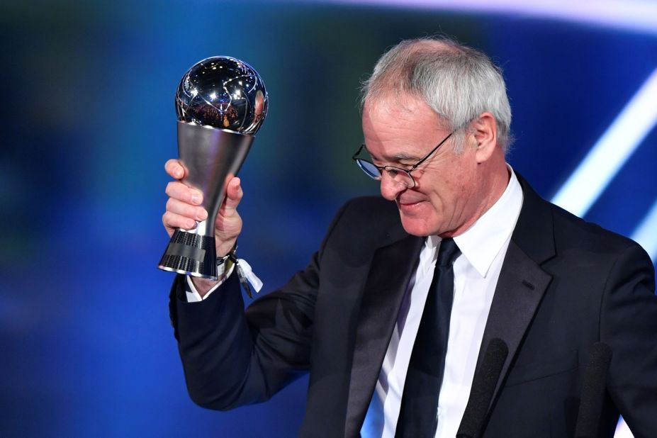 Veteran Italian Claudio Ranieri won the men's coach award for guiding Leicester City to the 2015-16 English Premier League title, defying bookmakers' odds of 5,000-1. 