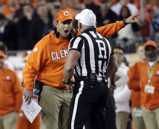 Clemson head coach Dabo Swinney argues a call during the first half. Swinney graduated from Alabama and played football as a walk-on there in the early 1990s.