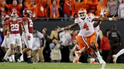 TAMPA, FL - JANUARY 09:  Quarterback Deshaun Watson #4 of the Clemson Tigers celebrates after throwing a 2-yard game-winning touchdown pass during the fourth quarter against the Alabama Crimson Tide to win the 2017 College Football Playoff National Championship Game at Raymond James Stadium on January 9, 2017 in Tampa, Florida.  (Photo by Streeter Lecka/Getty Images)