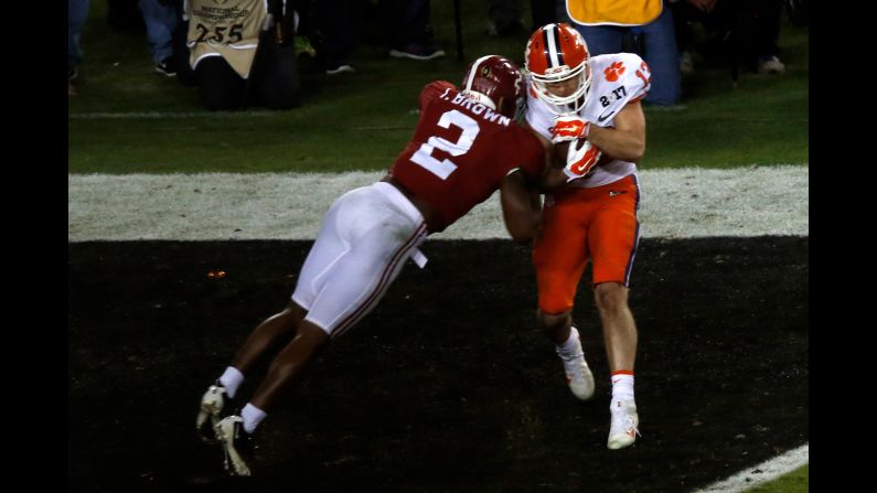 Clemson wide receiver Hunter Renfrow pulls in the game-winning score with one second remaining. The game was played at Raymond James Stadium in Tampa, Florida.