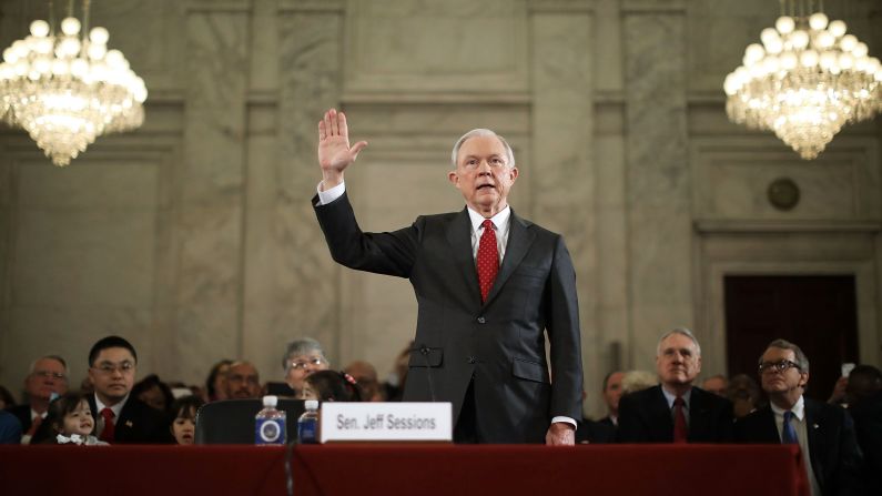 US Sen. Jeff Sessions, Trump's nominee for attorney general, is sworn in during <a href="index.php?page=&url=http%3A%2F%2Fwww.cnn.com%2F2017%2F01%2F10%2Fpolitics%2Ftrump-cabinet-confirmation-hearings-live%2Findex.html" target="_blank">his confirmation hearing in Washington </a>on Tuesday, January 10. Trump and his transition team are in the process of filling high-level positions for the new administration.