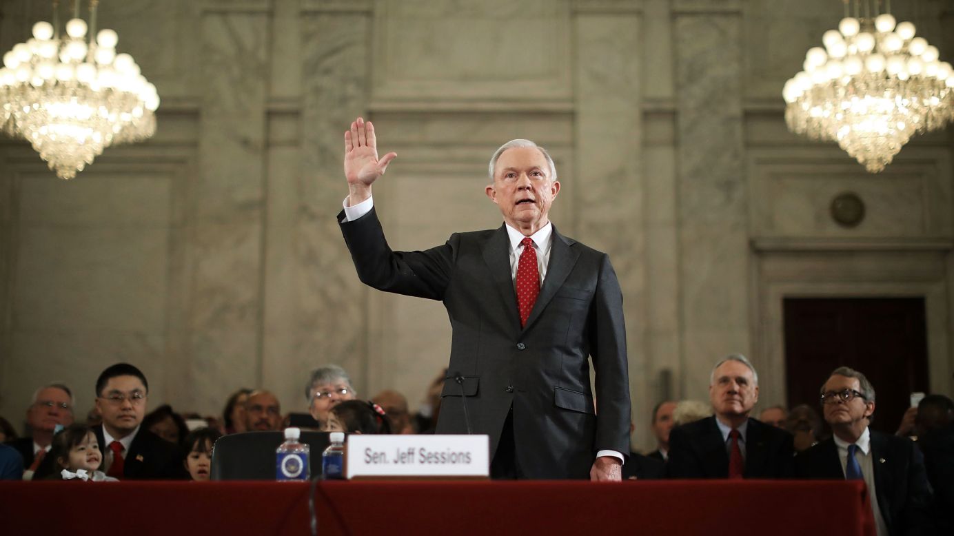 US Sen. Jeff Sessions, Trump's nominee for attorney general, is sworn in during <a href="http://www.cnn.com/2017/01/10/politics/trump-cabinet-confirmation-hearings-live/index.html" target="_blank">his confirmation hearing in Washington </a>on Tuesday, January 10. Trump and his transition team are in the process of filling high-level positions for the new administration.
