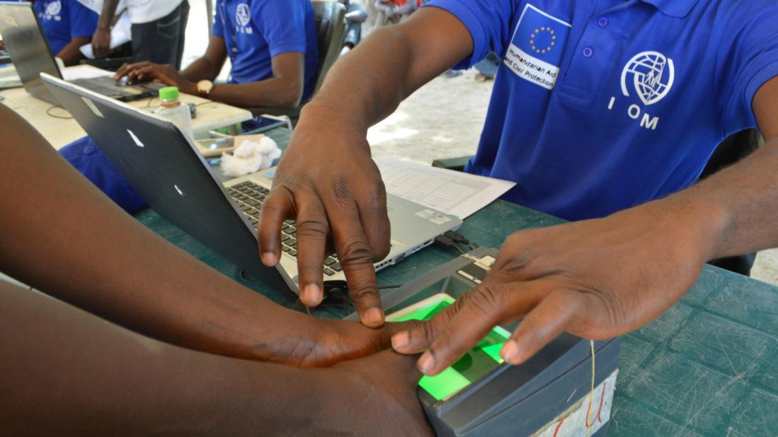 To keep track of the internally displaced people IOM's aid workers use biometrics such as fingerprints. 