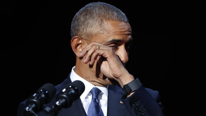 President Barack Obama wipes away tears while speaking during his farewell address at McCormick Place in Chicago, Tuesday, Jan. 10, 2017. (AP Photo/Pablo Martinez Monsivais)