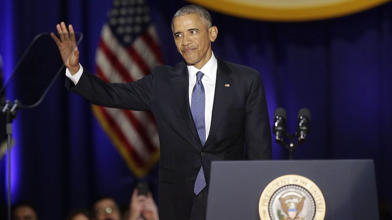 US President Barack Obama gestures before speaking during his farewell address in Chicago, Illinois on January 10, 2017.
Barack Obama closes the book on his presidency, with a farewell speech in Chicago that will try to lift supporters shaken by Donald Trump's shock election. / AFP / Joshua LOTT        (Photo credit should read JOSHUA LOTT/AFP/Getty Images)