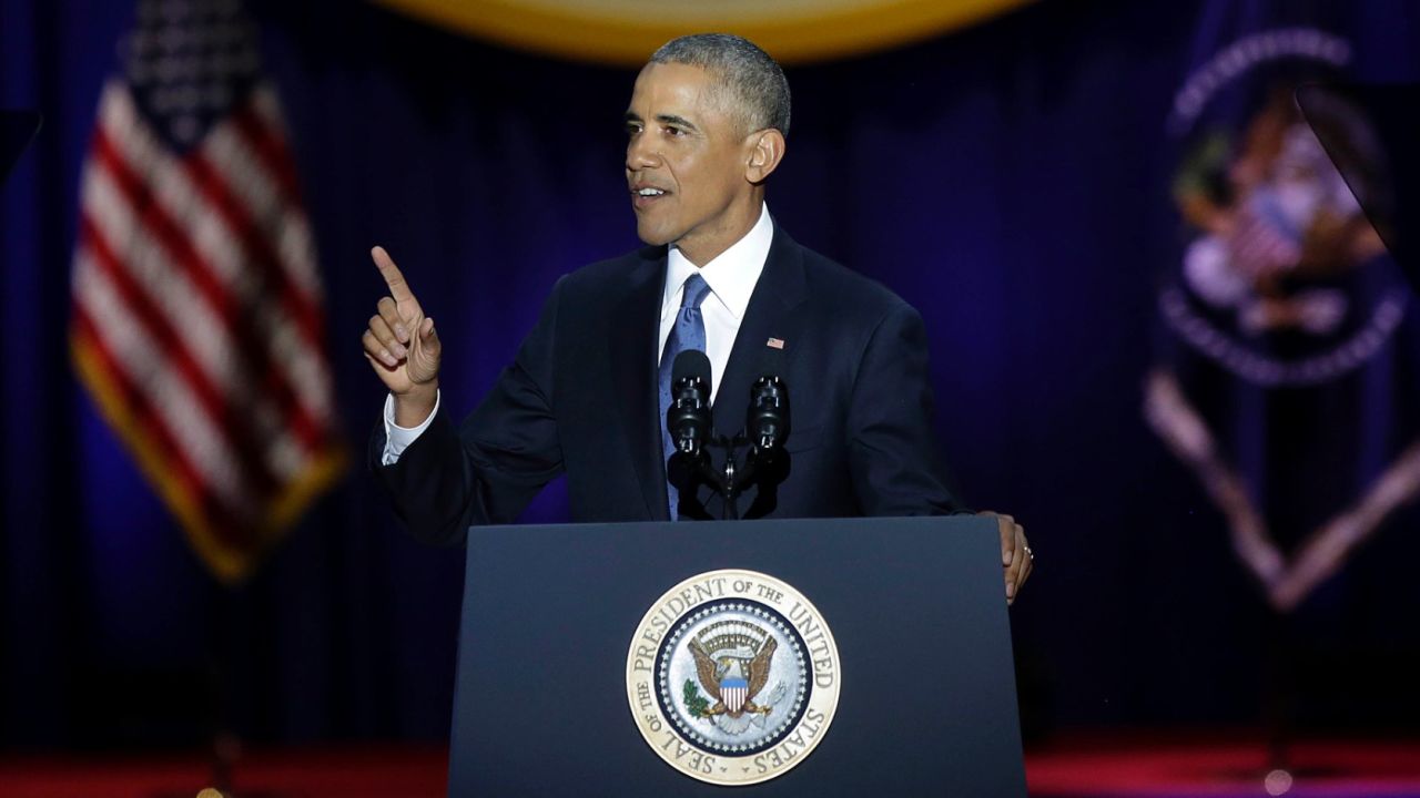 US President Barack Obama speaks during his farewell address in Chicago, Illinois on January 10, 2017.
Barack Obama closes the book on his presidency, with a farewell speech in Chicago that will try to lift supporters shaken by Donald Trump's shock election. / AFP / Joshua LOTT (Photo credit should read JOSHUA LOTT/AFP/Getty Images)