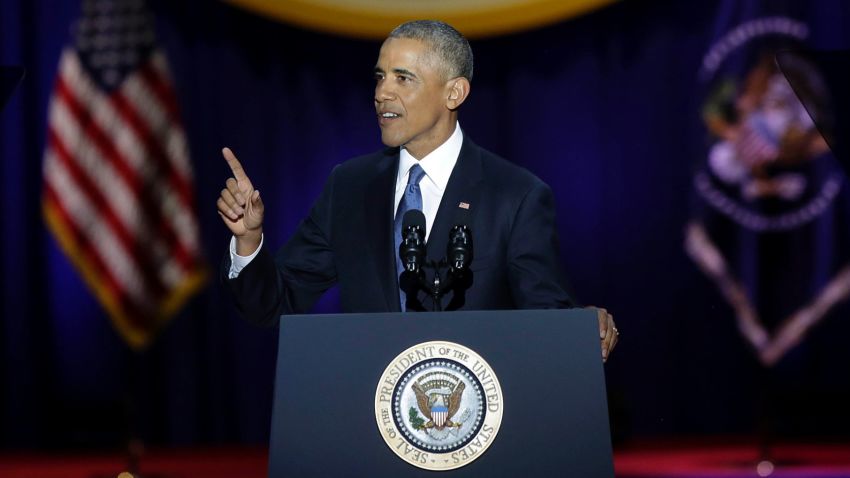 US President Barack Obama speaks during his farewell address in Chicago, Illinois on January 10, 2017.
Barack Obama closes the book on his presidency, with a farewell speech in Chicago that will try to lift supporters shaken by Donald Trump's shock election. / AFP / Joshua LOTT        (Photo credit should read JOSHUA LOTT/AFP/Getty Images)