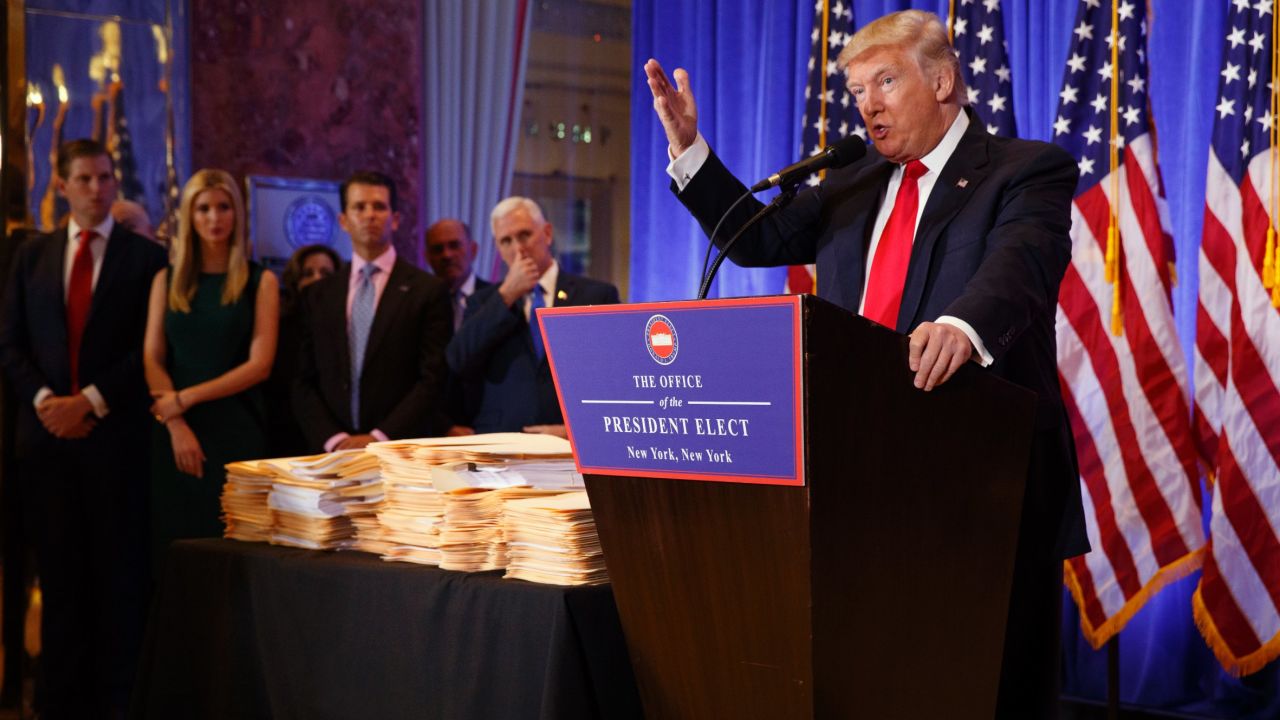 President-elect Donald Trump speaks during a news conference in the lobby of Trump Tower in New York, Wednesday, January 11, 2017.