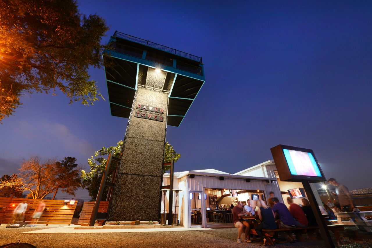 <strong>Raven Tower </strong>-- The best place to knock back a cold one and take in a Houston skyline view is Raven Tower, part of the White Oak Music Hall complex.