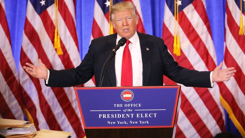 Trump speaks at Trump Tower in New York on Wednesday, January 11. In <a href="index.php?page=&url=http%3A%2F%2Fwww.cnn.com%2F2017%2F01%2F11%2Fpolitics%2Fdonald-trump-press-conference-highlights%2Findex.html" target="_blank">his first news conference since winning the election,</a> a combative Trump made clear he will not mute his style when he is inaugurated on January 20. He lashed out at media and political foes alike.