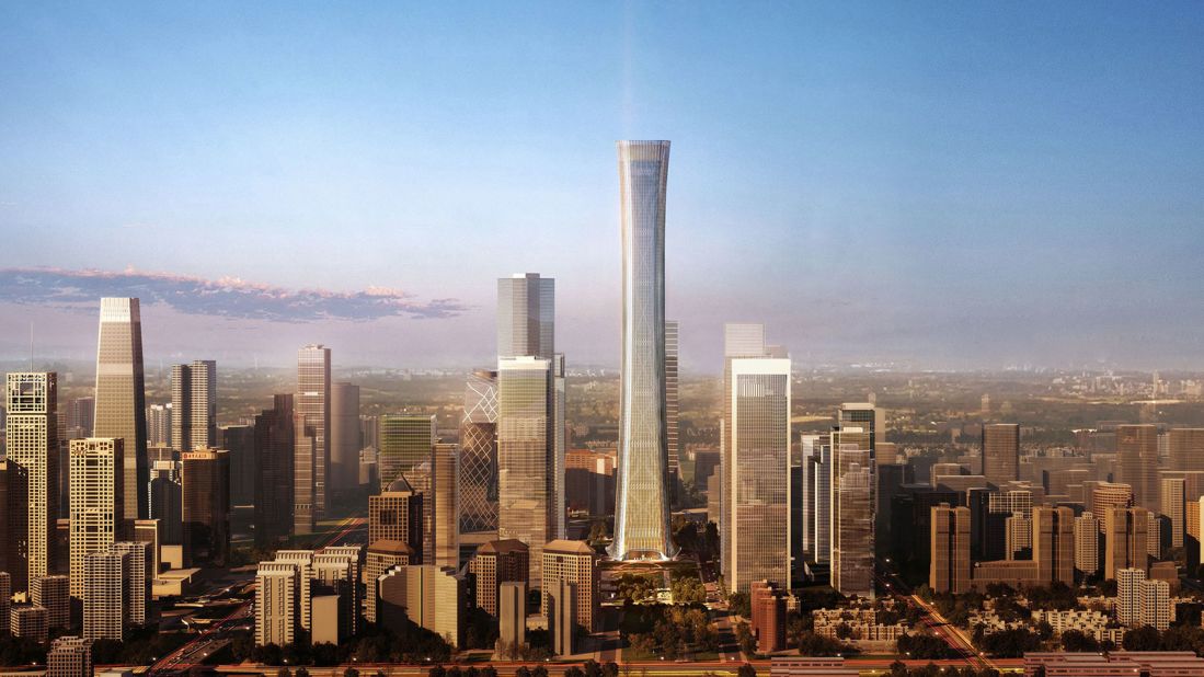 Kohn Pedersen Fox Associates designed Beijing's new flagship skyscraper in the form of a 'zun' -- an ancient Chinese ceremonial vessel. Climbing 528 meters, its concave shape expands office space on prime high floors. It recalls the slender hourglass figure of Canton Tower, currently China's second-tallest structure.Completion: 2018
