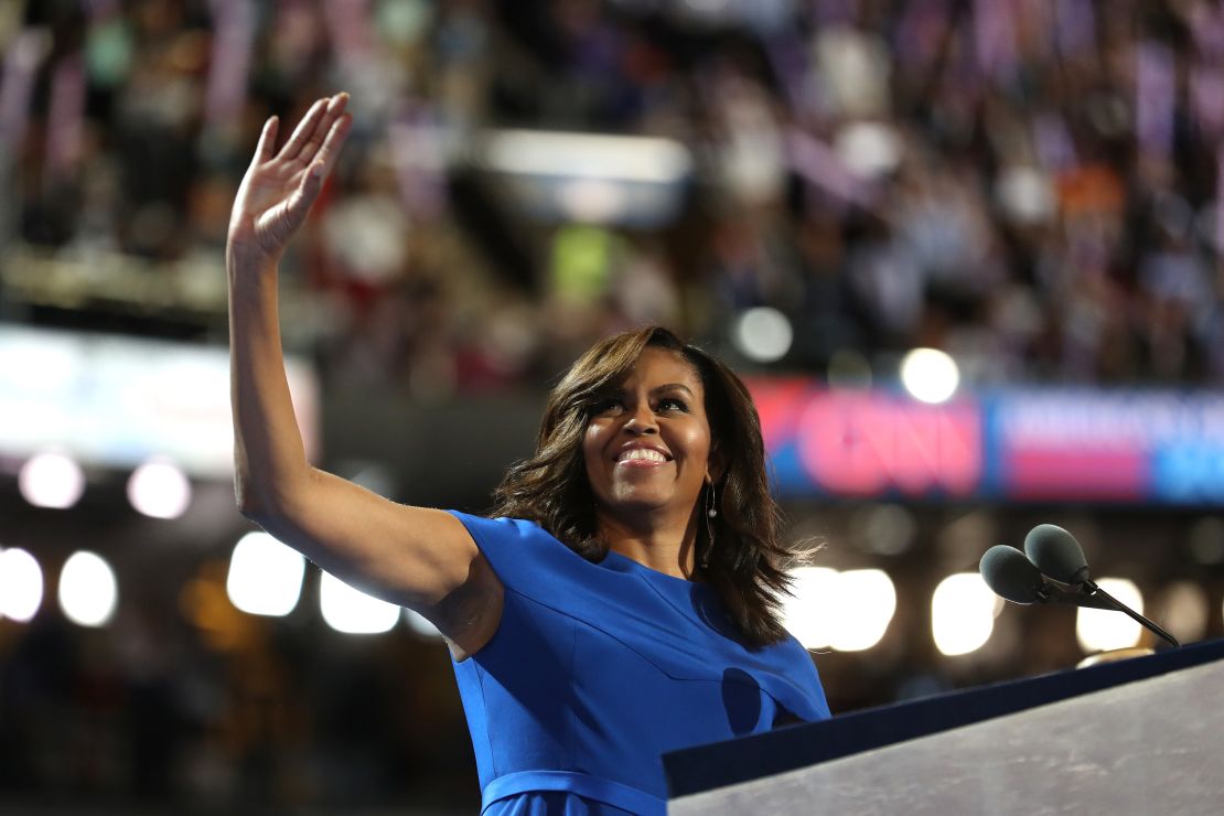 Michelle Obama acknowledges the crowd before delivering remarks on the first day of the 2016 Democratic National Convention.