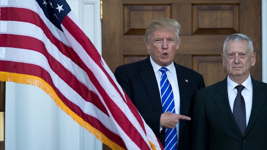President-elect Donald Trump welcomes retired United States Marine Corps general James Mattis as they pose for a photo before their meeting at Trump International Golf Club, November 19, 2016 in Bedminster Township, New Jersey. Trump and his transition team are in the process of filling cabinet and other high level positions for the new administration.