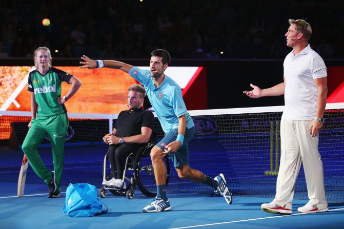 Six-time Australian Open champion Novak Djokovic teamed up with several high-profile Australian sports stars -- including cricketers Shane Warne (right) and Meg Lanning (left) -- at his charity event in Melbourne.