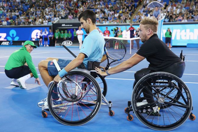 It was back to the sport he knows best as Djokovic then took on three-time Paralympic champion Dylan Alcott at wheelchair tennis.