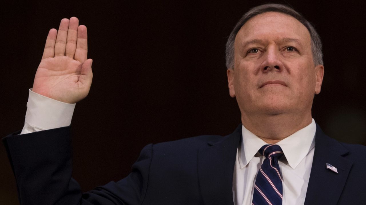 US Congressman Mike Pompeo, R-Kansas, is sworn in before testifying before the Senate (Select) Intelligence Committee on Capitol Hill in Washington, DC, January 12, 2017, on his nomination to be director of the Central Intelligence Agency (CIA) in the Trump administration. / AFP / JIM WATSON (Photo credit should read JIM WATSON/AFP/Getty Images)