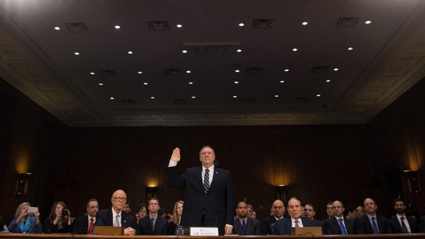 US Congressman Mike Pompeo, R-Kansas, is sworn in before testifying before the Senate (Select) Intelligence Committee on Capitol Hill in Washington, DC, January 12, 2017, on his nomination to be director of the Central Intelligence Agency (CIA) in the Trump administration. / AFP / JIM WATSON        (Photo credit should read JIM WATSON/AFP/Getty Images)