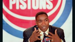 DETROIT, IL - MAY 11:  Detroit Pistons' Captain Isiah Thomas announces his retirement from playing basketball and the NBA, at the Palace of Auburn Hills in Detroit, 11 May 1994, during a ress conference. Thomas played 13 years and won two NBA championship during those years, all with the Pistons.  (Photo credit should read MICHAEL E. SAMOJEDEN/AFP/Getty Images)