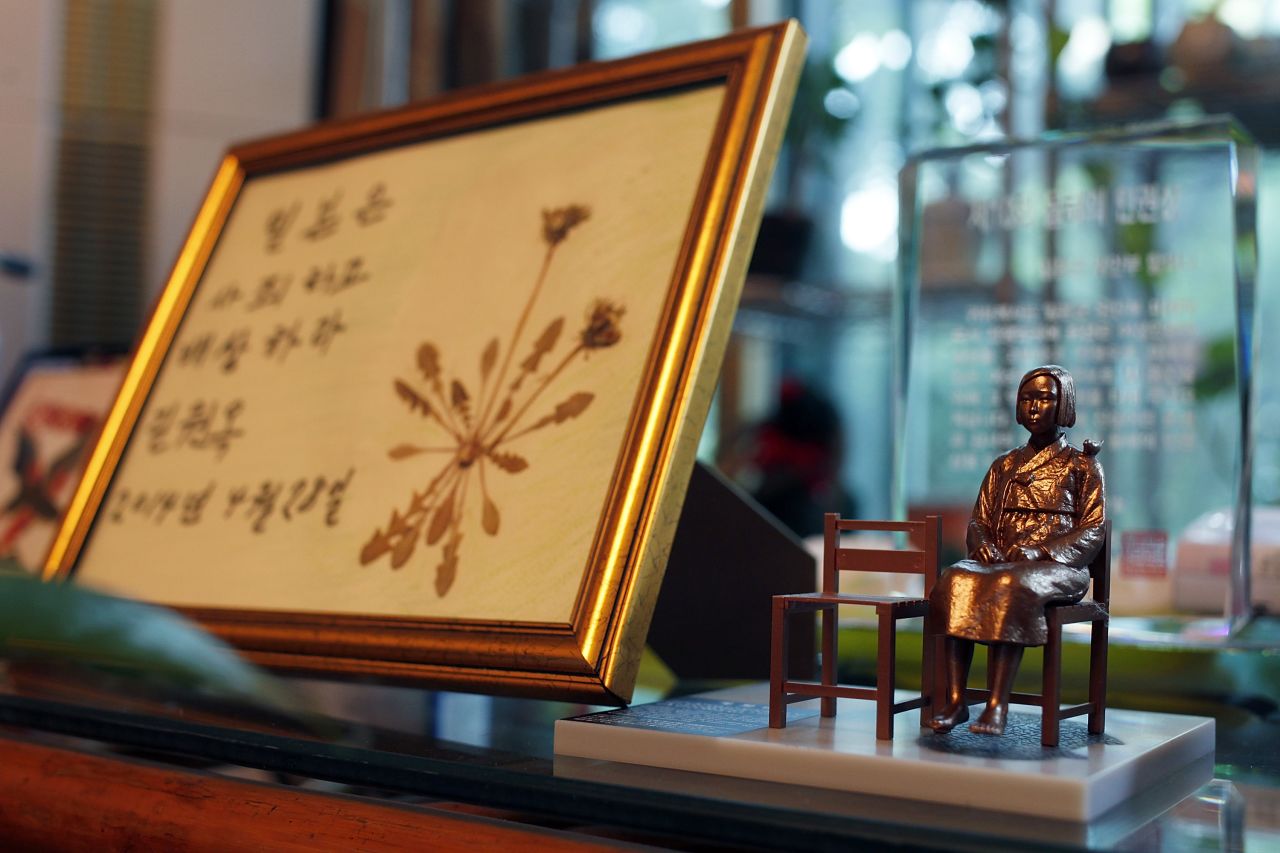 A miniature version of the statue seen in a display at a women's shelter in Seoul. 