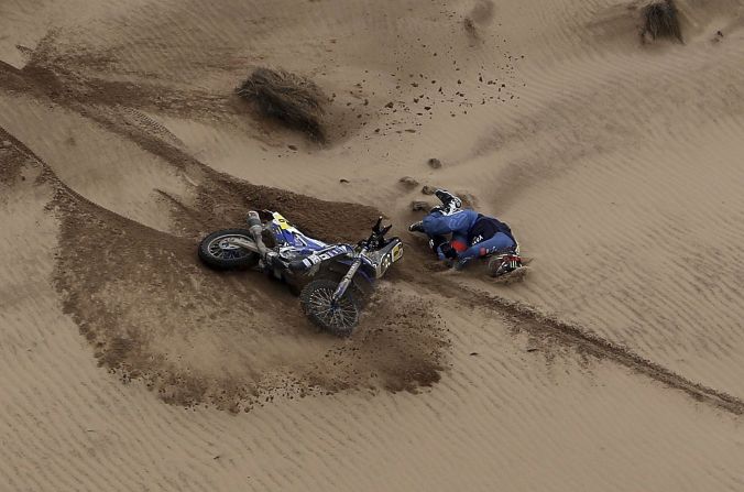 The Dakar is not for the fainthearted -- danger can be around every bend. Title hopeful Adrien Van Beveren of France took a tumble during stage seven before getting back on his bike.