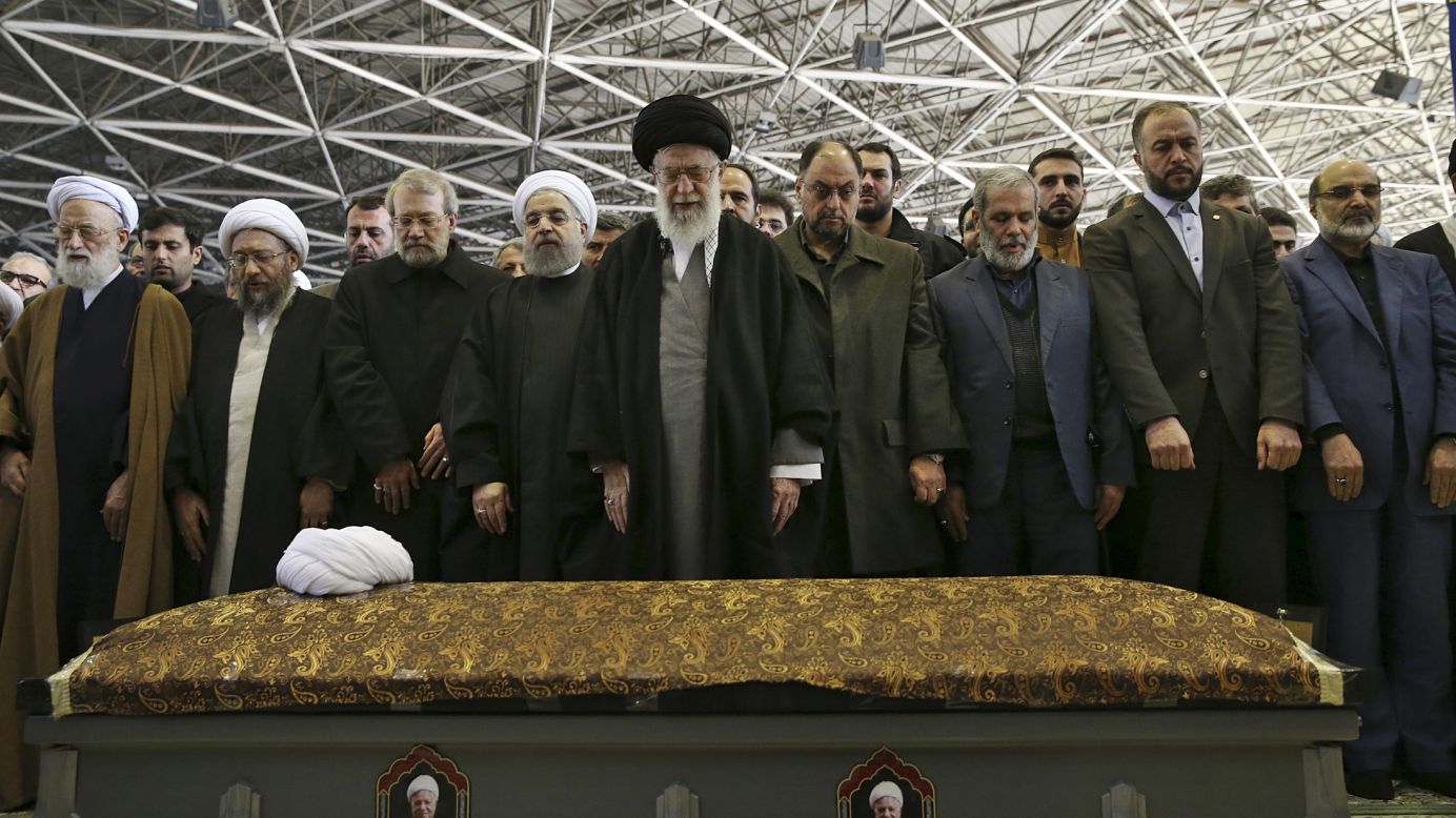 Iranian Supreme Leader Ayatollah Ali Khamenei, center, leads a prayer over the casket of former Iranian President Akbar Hashemi Rafsanjani on Tuesday, January 10. Rafsanjani, who served as Iran's president from 1989 to 1997, <a href="http://www.cnn.com/2017/01/08/middleeast/iran-former-president-rafsanjani-dies/index.html" target="_blank">died after suffering a heart attack</a> Sunday, January 8. He was 82.