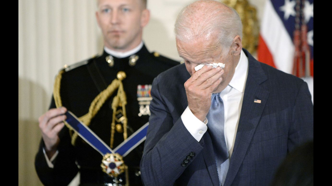 Vice President Joe Biden wipes away tears as President Barack Obama <a href="http://www.cnn.com/2017/01/12/politics/biden-awarded-presidential-medal-of-freedom/index.html" target="_blank">surprises him with the Presidential Medal of Freedom</a> on Thursday, January 12. "For your faith in your fellow Americans, for your love of country and for your lifetime of service that will endure through the generations, I'd like to ask the military aide to join us on stage," Obama said in the ceremony. "For my final time as President, I am pleased to award our nation's highest civilian honor, the Presidential Medal of Freedom." 