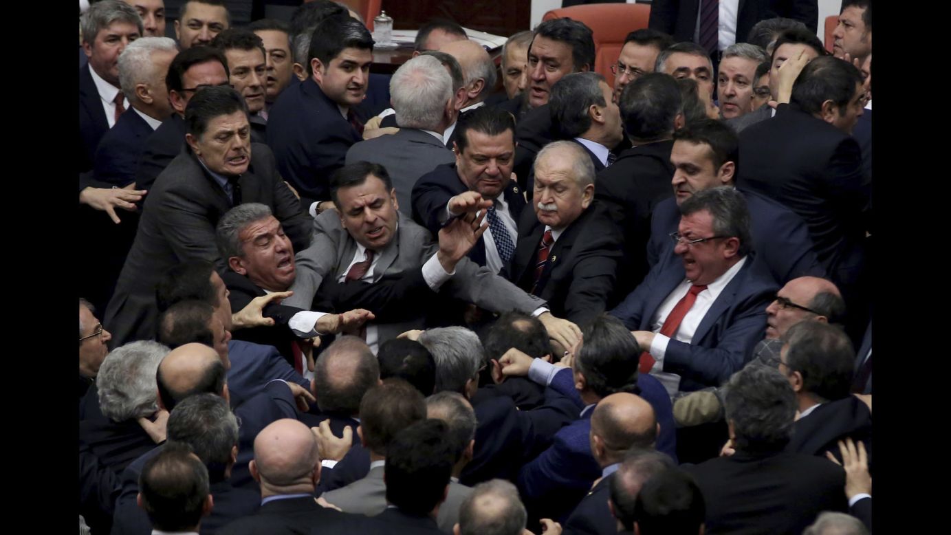 Lawmakers scuffle in Turkey's parliament on Wednesday, January 11. <a href="http://www.cnn.com/2017/01/12/europe/turkey-parliament-brawl/" target="_blank">The brawl broke out </a>during a debate over constitutional amendments that would expand presidential powers, according to state news agency Anadolu.