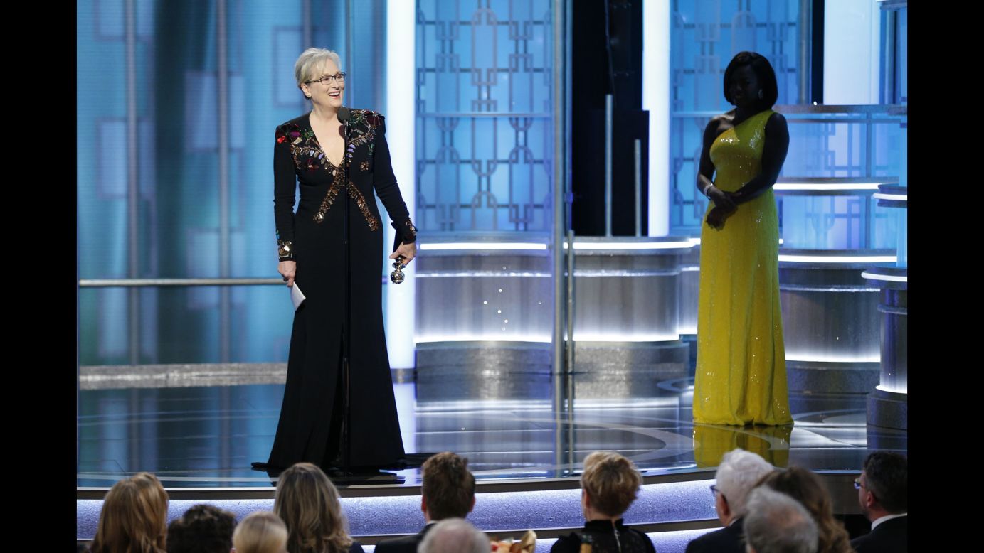 Actress Meryl Streep accepts the Cecil B. DeMille lifetime achievement award during the Golden Globe Awards on Sunday, January 8. In her acceptance speech, she took the opportunity <a href="http://www.cnn.com/2017/01/08/entertainment/meryl-streep-golden-globes-speech/index.html" target="_blank">to make a sustained attack on President-elect Donald Trump,</a> denouncing his campaign rhetoric and criticizing him for mocking a disabled reporter. <a href="http://www.cnn.com/2017/01/09/entertainment/donald-trump-meryl-streep-golden-globes/" target="_blank">Trump defended himself on Twitter,</a> saying he never mocked the reporter and that Streep was a "Hillary flunky" and "one of the most overrated actresses in Hollywood."