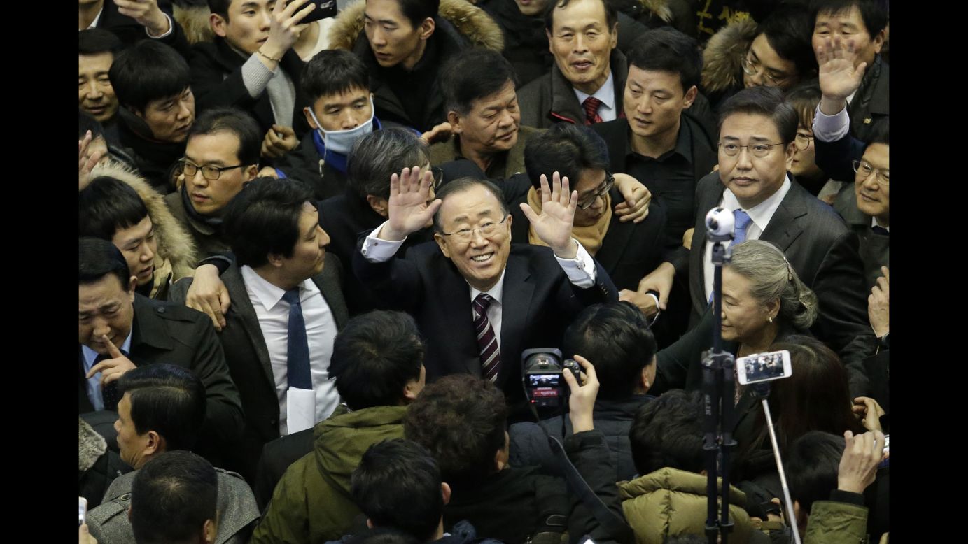 Ban Ki-moon, the former secretary-general of the United Nations, waves after arriving at a railway station in Seoul, South Korea, on Thursday, January 12. He said he'll soon announce whether he will run for president.