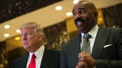 President-elect Donald Trump and television personality Steve Harvey speak to reporters after their meeting at Trump Tower, January 13, 2017 in New York City.