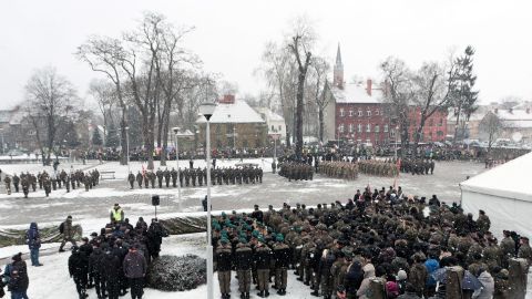 US and Polish troops participate in an official welcome event for the US army in Zagan, Poland, on January 14.