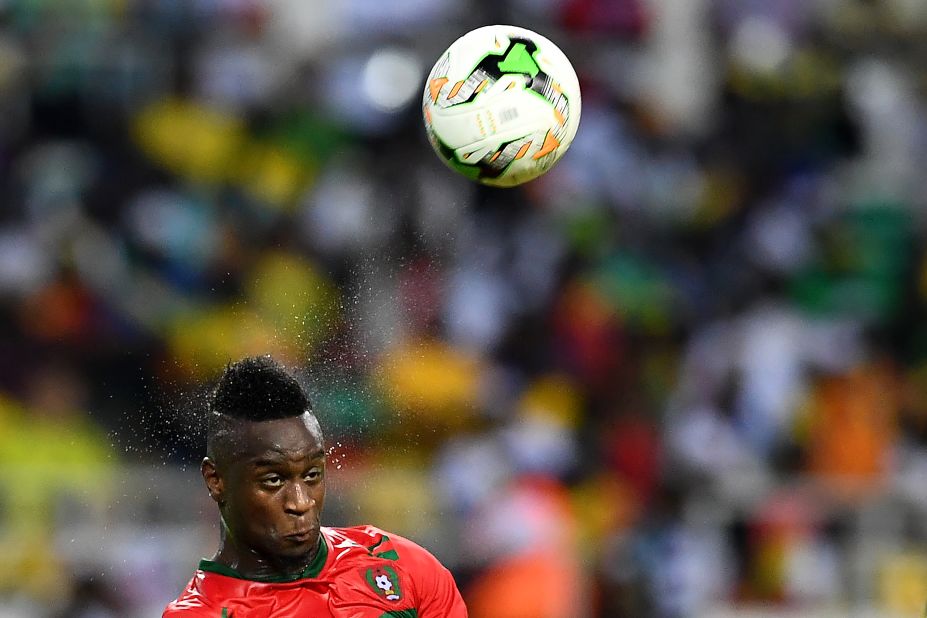 Guinea-Bissau's Frederic Mendy stretches to head the ball as his team looked to level the scores late in the game.