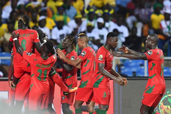 Guinea-Bissau's players celebrate after equalizing during the 2017 Africa Cup of Nations Group A match against Gabon.