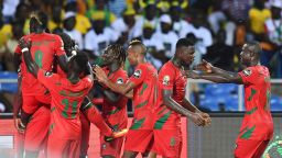 Guinea-Bissau's players celebrate after scoring during the 2017 Africa Cup of Nations Group A match against Gabon.